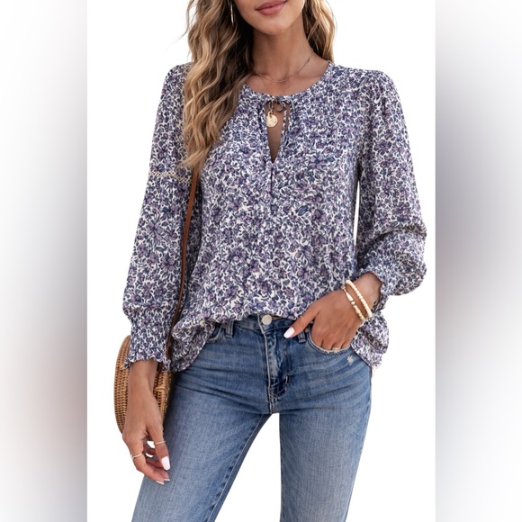 Universal Thread Tops - 2/$30 Universal Thread Floral Blouse Medium Cream Purple Blue Boho Tie Neck Top